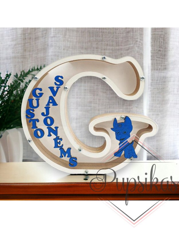 Balta, medinė taupyklė su raide G (Su pasirinkta raide ir vardu)