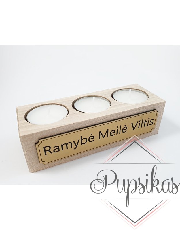 Trijų skyrių medinė žvakidė „Ramybė, meilė, viltis“