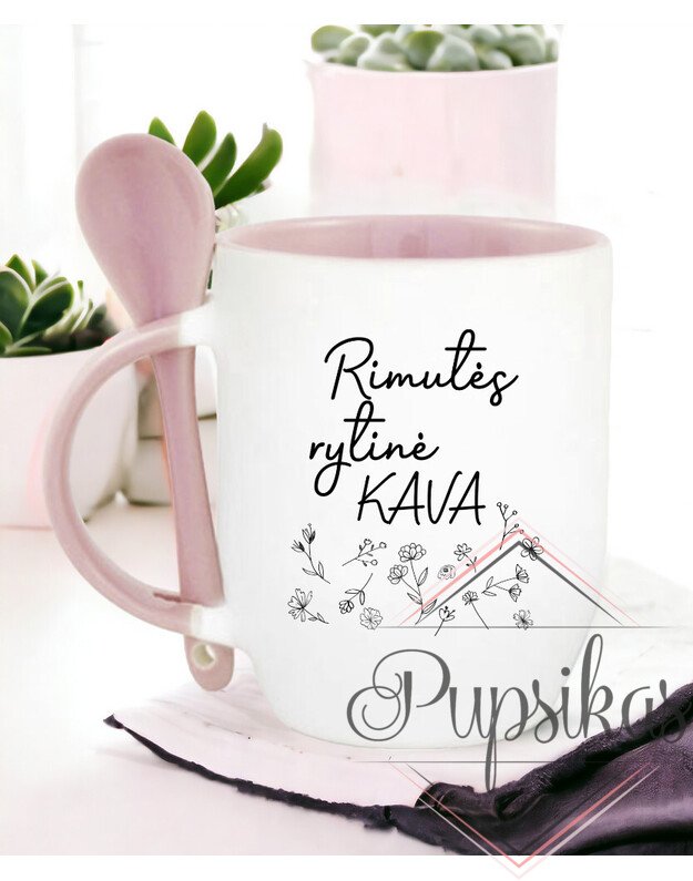 Puodelis su šaukšteliu „Rimutės rytinė kava“ (Su jūsų norimu vardu)