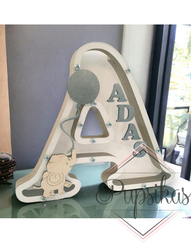 Balta, medinė taupyklė su raide (Su pasirinkta raide ir vardu)