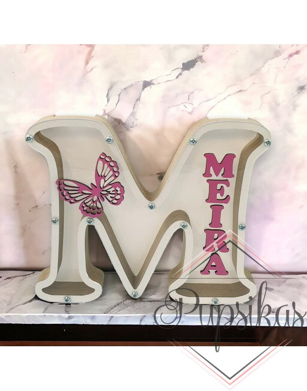 Balta, medinė taupyklė su raide (Su pasirinkta raide ir vardu)