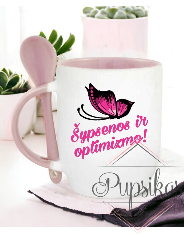Puodelis su šaukšteliu „Šypsenos ir optimizmo“